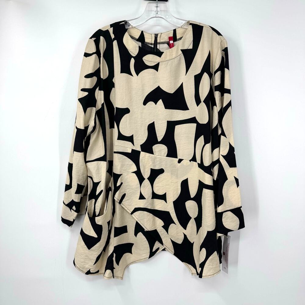 NEW IC Collection Asymmetric Top XXL Tan Black Art to Wear Lagenlook Artsy Boho